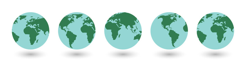 Earth Globe Icons Set Vector Illustration. Collection Globes with World Maps with Shadow on white Background. Set Earth Globe Hemispheres with Continents. International Earth Day.