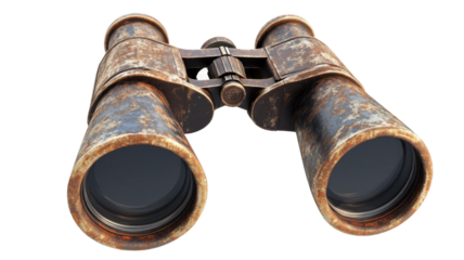 Rusty binoculars isolated on transparent background showing lens and focus wheel