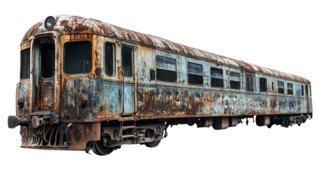 Old rusty abandoned train carriage isolated on transparent background