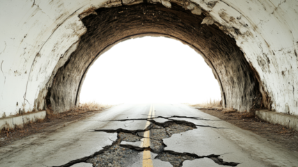 Damaged road leading to transparent background in crumbling tunnel