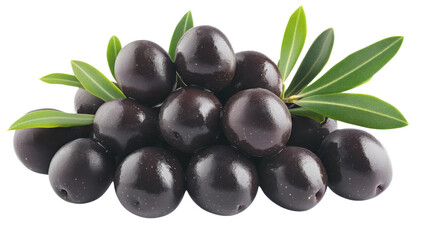 Black olives with leaves isolated on transparent background