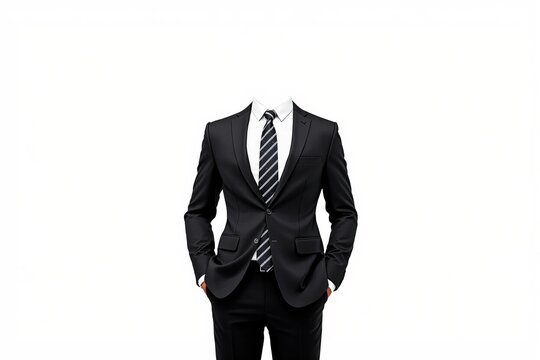 Headless man in black suit with hands in pockets on white background.