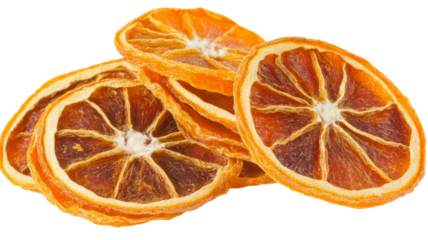 Dried orange slices piled up on transparent background