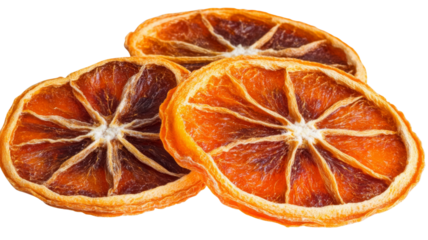 Dried orange slices showing their texture on transparent background