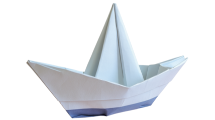 White and blue origami sailboat on transparent background
