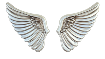 Metallic silver wings representing freedom and spirituality on transparent background