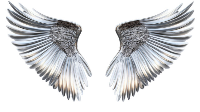 Majestic silver metallic angel wings spread open on transparent background