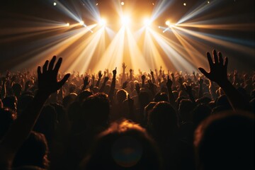 Crowd with raised hands enjoying live concert under bright stage lights.