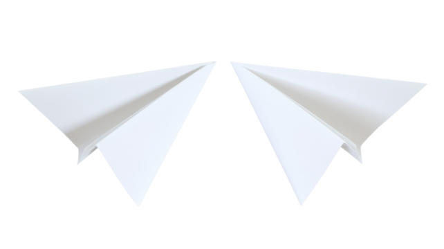 Two white paper airplanes flying on transparent background