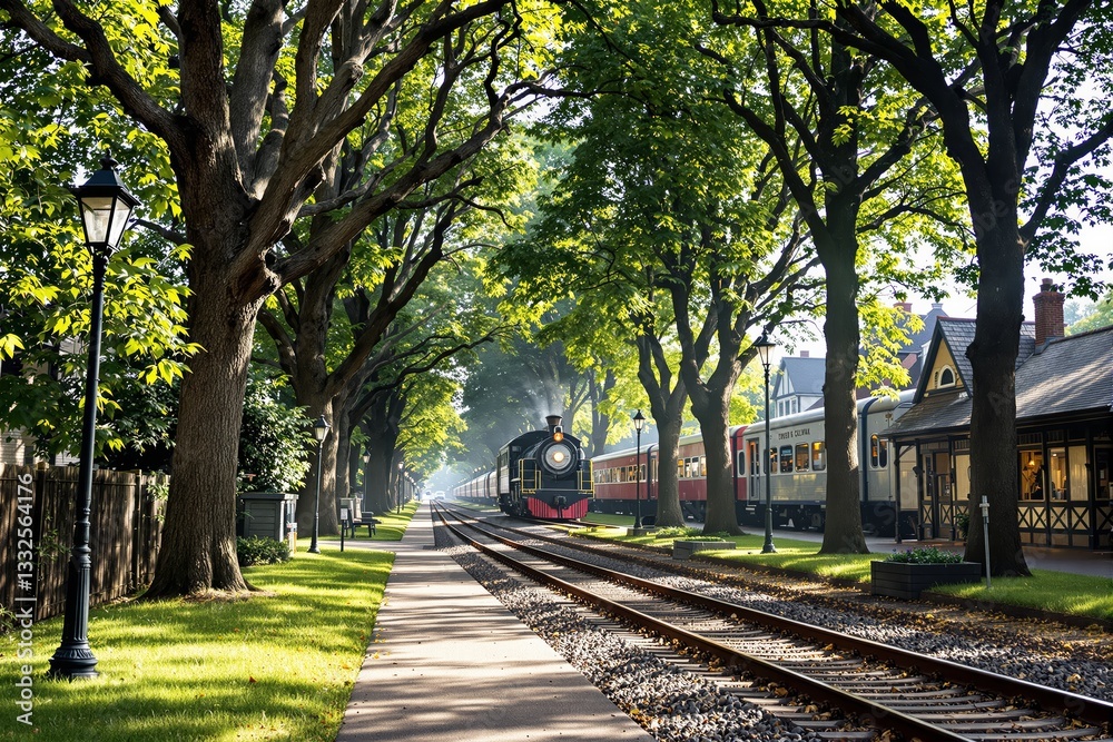 Poster scenic view of old-time train station with vibrant greenery and sunlight.