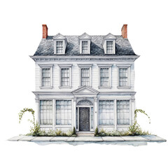 Naklejka premium A beautiful white house with large windows and a welcoming door, surrounded by greenery. Perfectly designed for a cozy, charming home vibe.