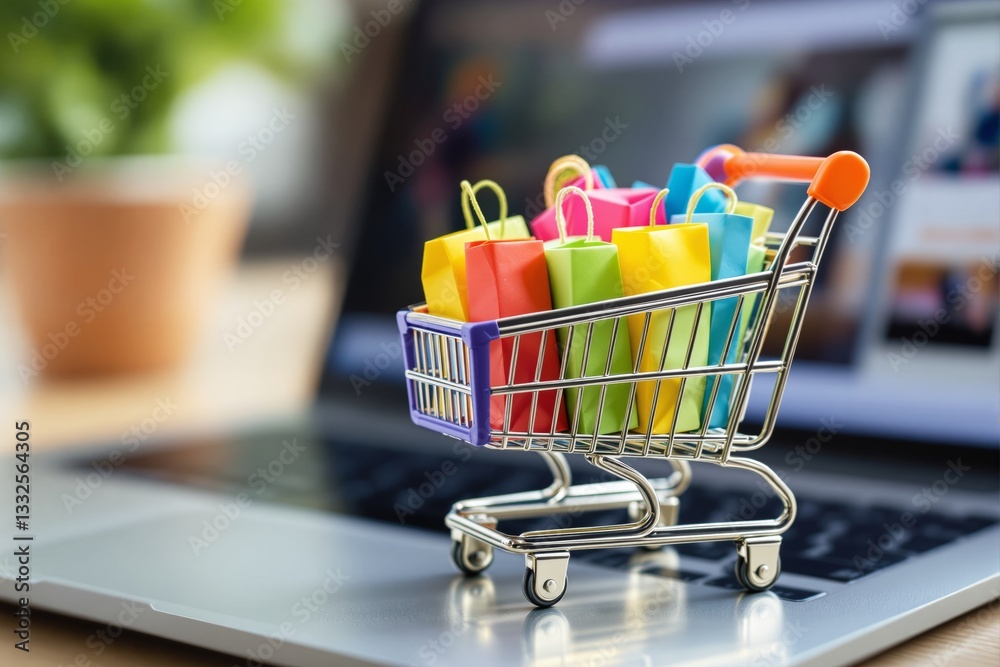 Poster mini shopping cart filled with colorful paper bags placed on a laptop keyboard. concept of online sh