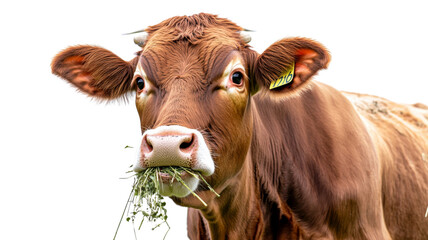 Brown cow eating grass with transparent background