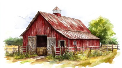 Cute barn watercolor illustration animals and farm clipart