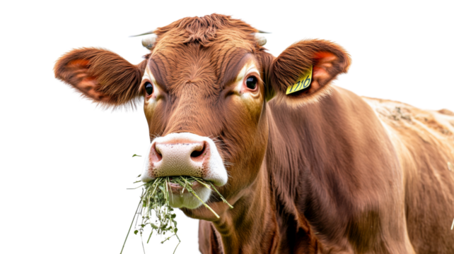 Brown cow eating grass with transparent background