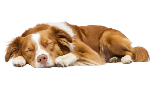 Cute kooikerhondje dog sleeping peacefully on transparent background