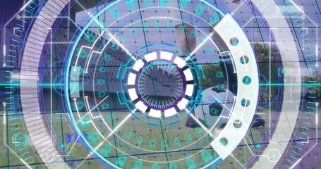 Animation overlaying futuristic digital interface on soccer ball on grass field - Powered by Adobe