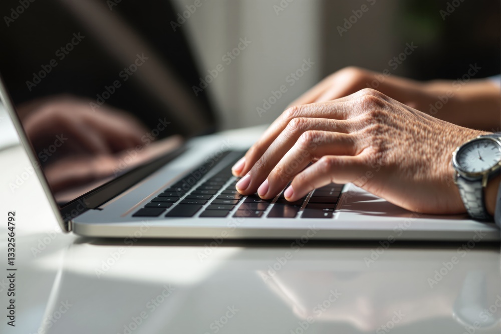 Poster hands typing on laptop keyboard with watch.