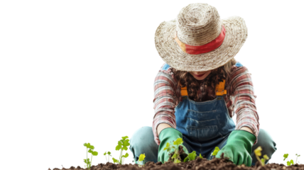 Farmer planting seedlings in the ground on transparent background