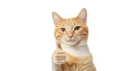 Ginger cat showing thumbs up sign on transparent background