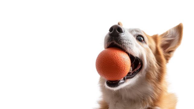 Happy dog holding orange ball on transparent background