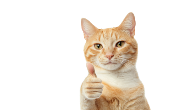 Ginger cat showing thumbs up sign on transparent background