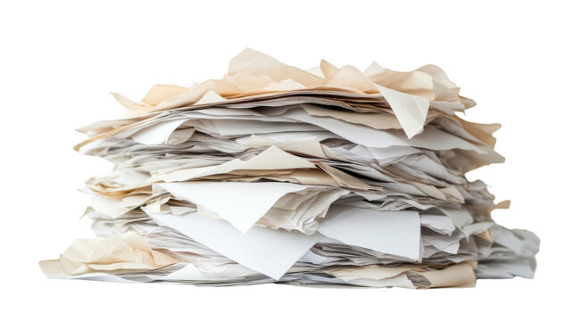 Stack of crumpled paper on transparent background representing bureaucracy and messy administration