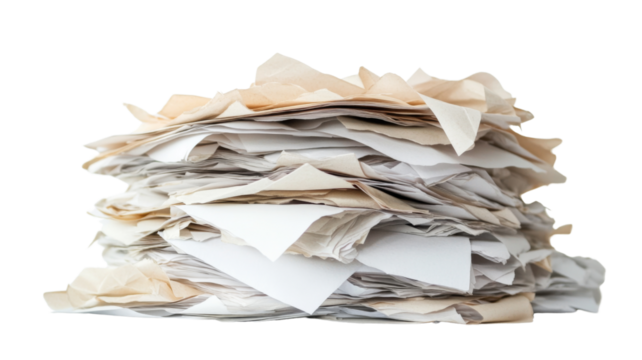 Stack of crumpled paper on transparent background representing bureaucracy and messy administration