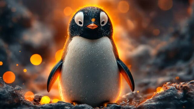 Pinguin mit gl&uuml;hendem K&ouml;rper im Schnee