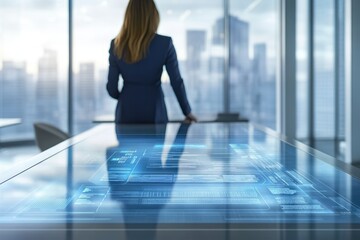 Businesswoman stands before a futuristic transparent table displaying data visualizations in a modern office overlooking a city.