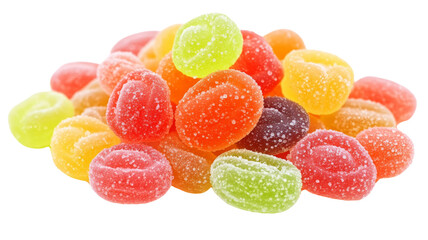 Colorful gummy candies piled up on transparent background
