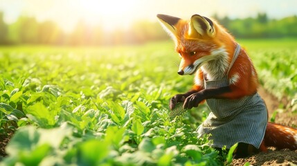 Fox in a Farmer's Apron Tending to Crops in a Beautiful Green Field – Charming Farm Animal Scene