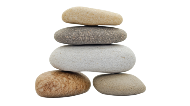 Stack of five balancing pebbles on transparent background