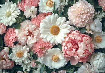 Beautiful Floral Arrangement Featuring Peonies, Daisies, Roses, and Various Blooms in Soft Pastel Colors on a Decorative Background