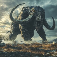 Fototapeta premium Massive creature towers over a lone figure in a desolate landscape under a dramatic sky at dusk