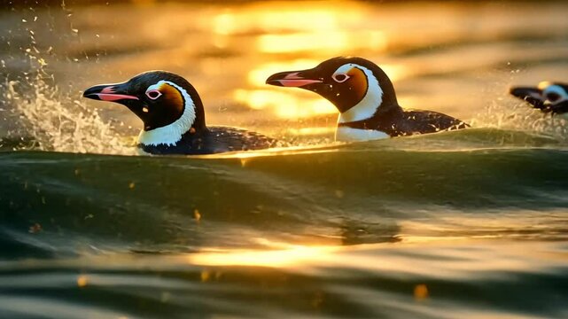 Pinguine springen aus dem Wasser bei Sonnenuntergang