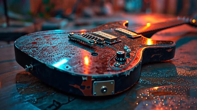 Elektrische Gitarre liegt auf einer B&uuml;hne mit Neonlicht