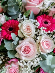 Fototapeta premium Beautiful floral arrangement featuring pink roses, vibrant gerbera daisies, and delicate greenery showcasing nature's elegance and charm in a close-up view