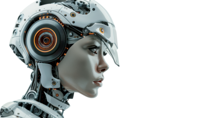 Futuristic cyborg woman showing artificial intelligence technology with transparent background