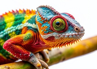 Fototapeta premium Vibrant Chameleon on Branch: Macro Photography of Colorful Reptile Skin Textures