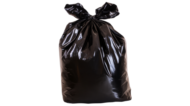 Black plastic trash bag tied and full on transparent background