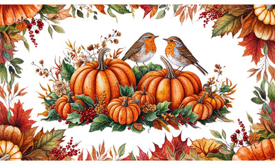 Autumn Beauty: Pumpkin Patch and Robins in Fall Foliage