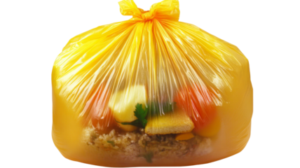 Yellow trash bag containing leftover food on transparent background
