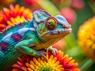 Obraz premium Vibrant Chameleon on Colorful Flower Close-up Macro Shot