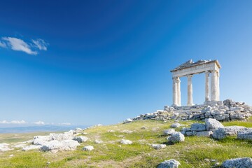 ancient ruins with clear blue sky remnants of stone structures tell stories of bygone era evoking imagination of travelers