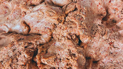 Traditional Anatolian and Balkan Tarhana dough soup made by fermenting and drying red pepper, onion and tomato