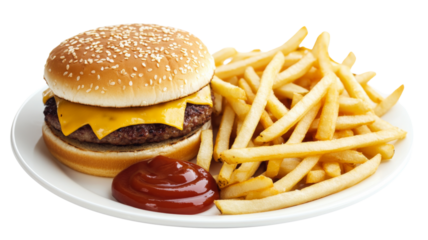 Cheeseburger with french fries and ketchup on transparent background