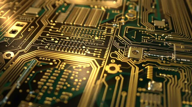 Goldene Mikrochip-Platine mit digitalen Schaltkreisen in Makroaufnahme