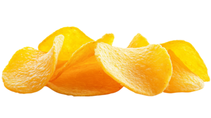 Delicious crunchy potato chips falling on transparent background