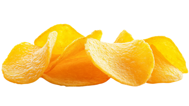 Delicious crunchy potato chips falling on transparent background
